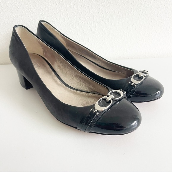 Coach Shoes - COACH Black Patent Leather Cap Toe Block Heels Silver Tone COACH Logo Size 8.5